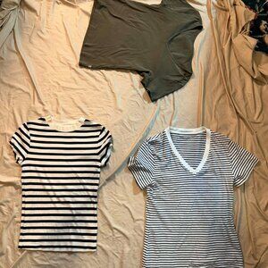 THREE short sleeve stretch knit tees, SIZE SMALL (2 striped, 1 green solid)